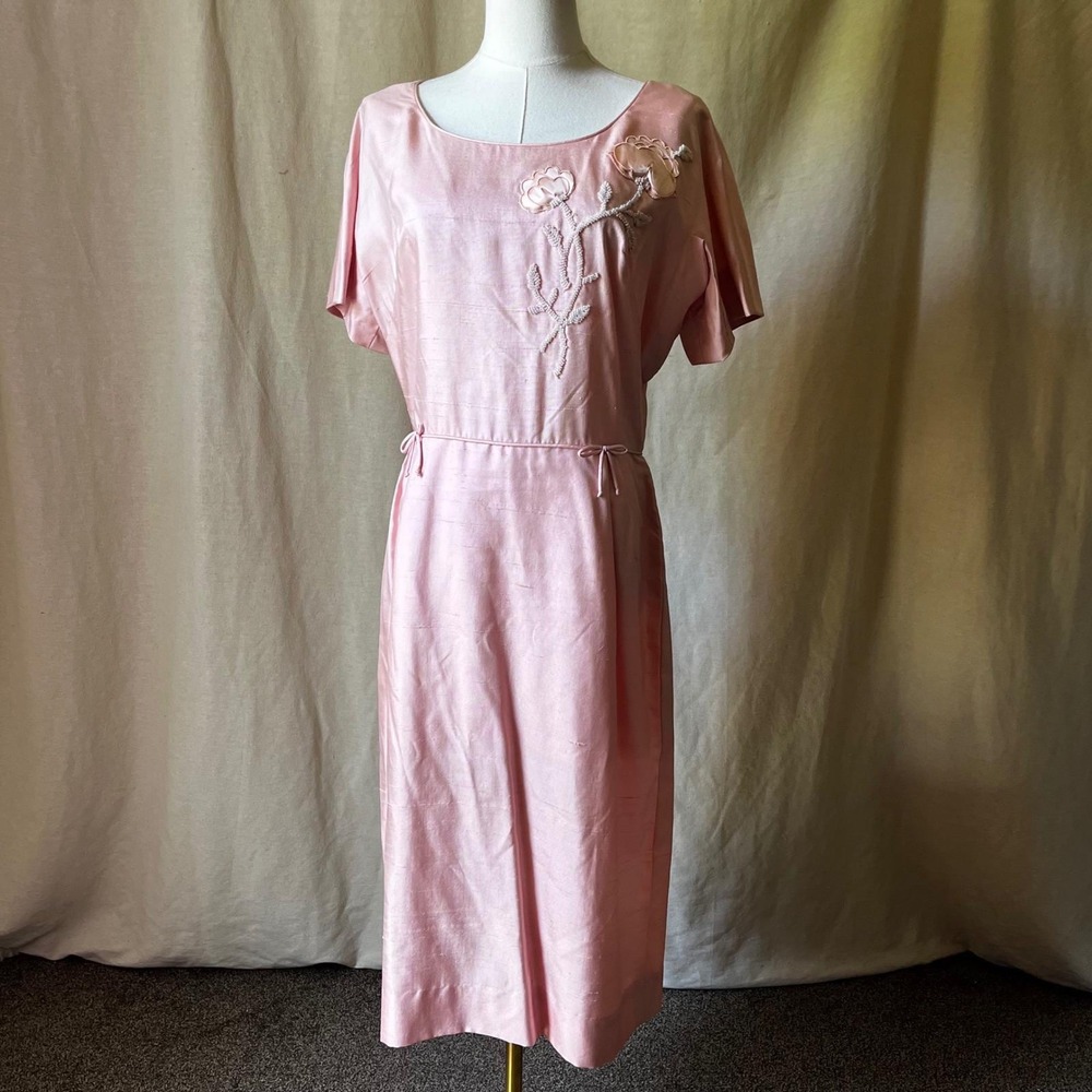 Vintage 1960s Nat Tuman Pink Silk Beaded Floral‎ Sheath Dress S/M